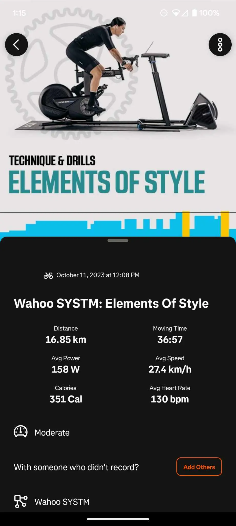 Screenshot of a Wahoo activity on Strava, showing a banner with someone riding a Wahoo Kickr with the text "Technique & Drills Elements of Style". The activity's title is "Wahoo SYSTM: Elements of Style"