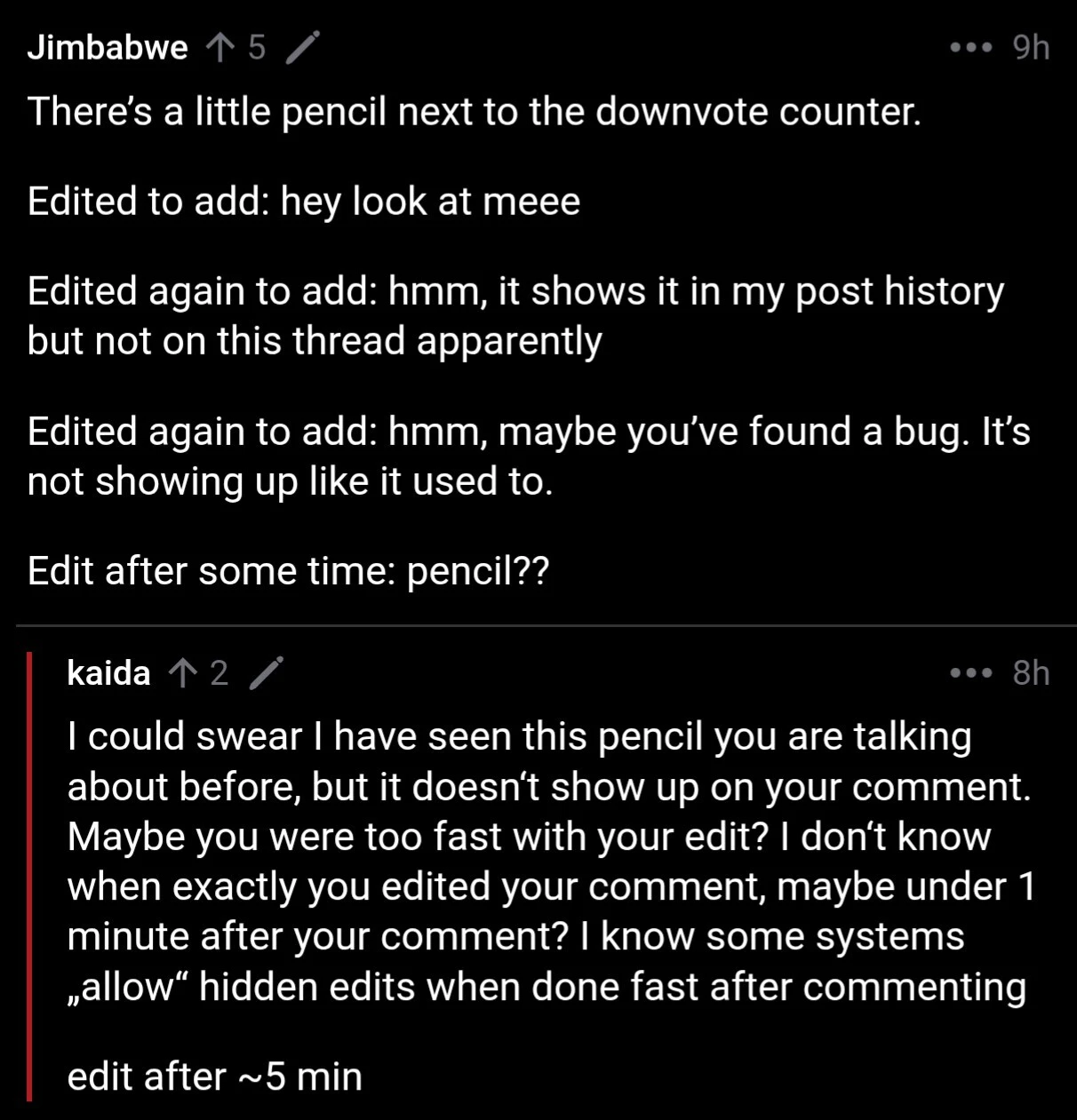 Comments of the thread with a small pencil next the name of the commenters