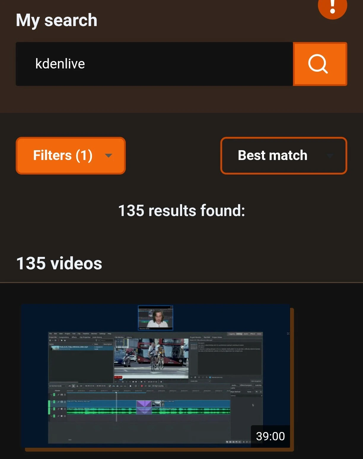 Sepiasearch finding 100+ Videos for the search string "kdenlive"