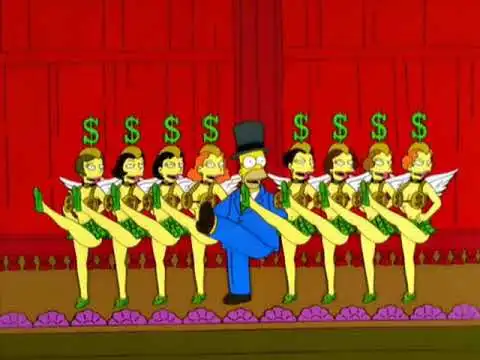 "homer simpson wearing a suit and a top hat does a chorus line with a bunch of women with $ hats"