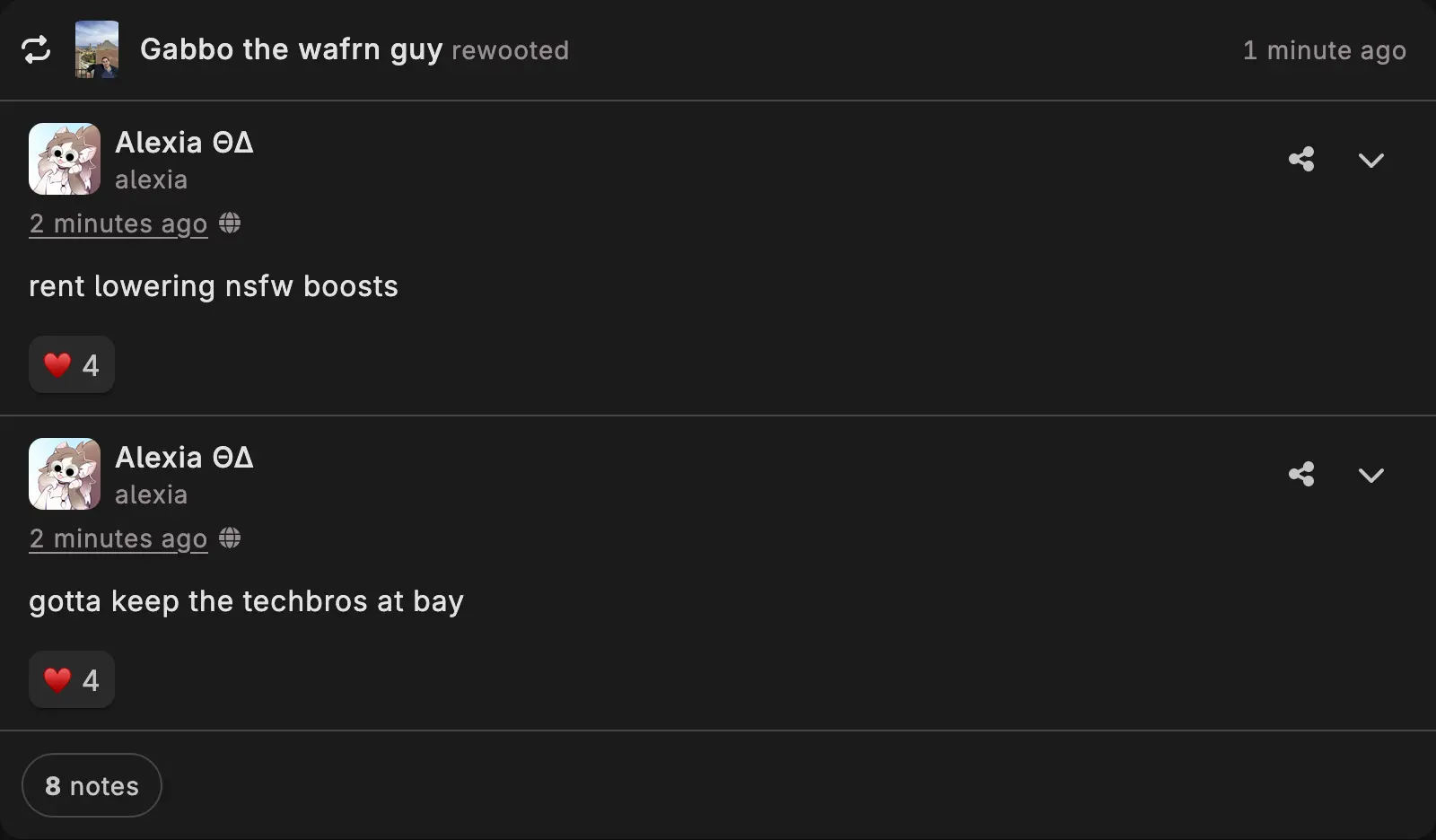 two back-to-back W.A.F.R.N. posts by the same user that read "rent lowering nsfw boosts" and "gotta keed the tech bros at bay"