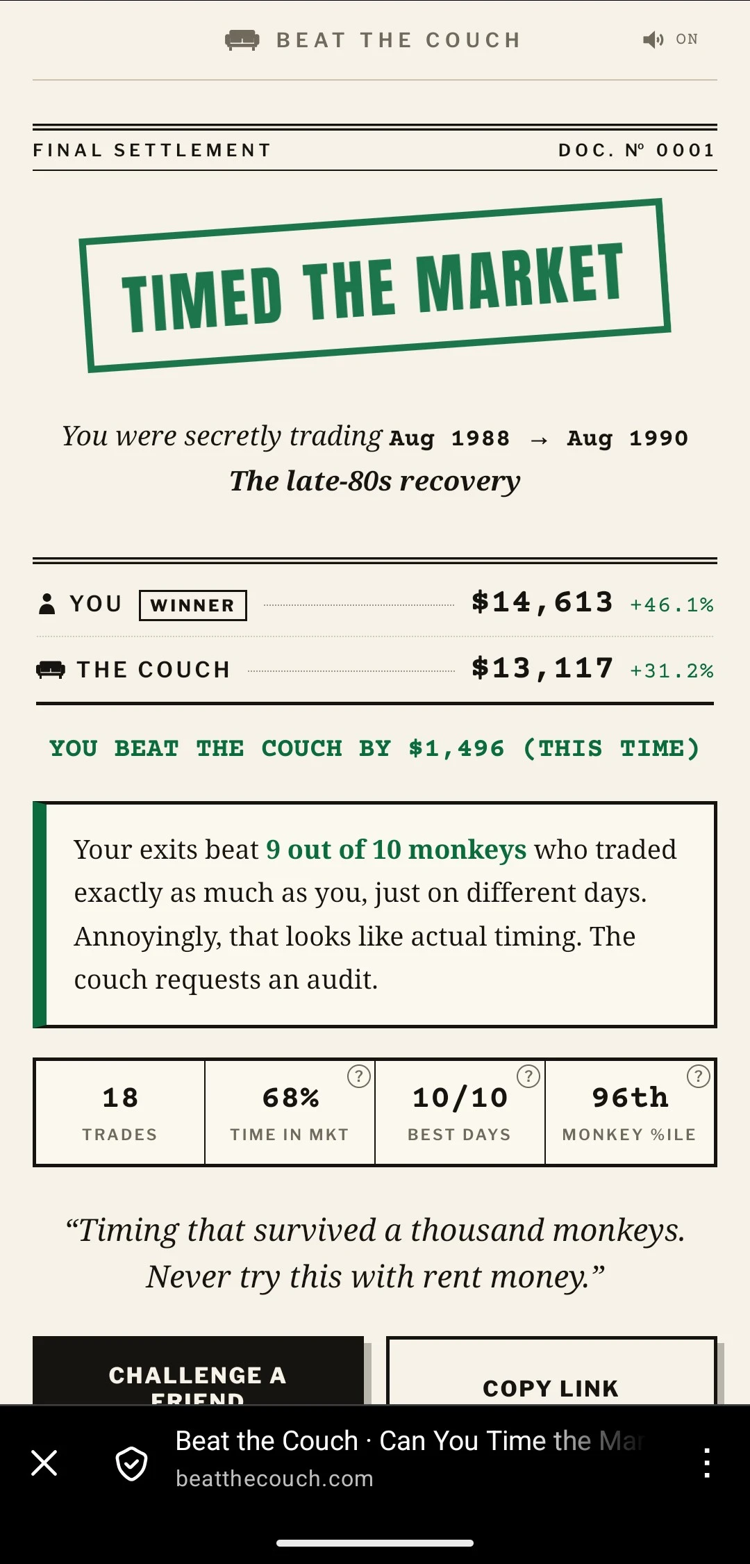 Results screen showing a win over the couch