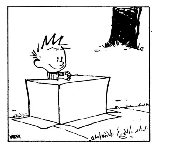 calvin from Calvin and Hobbes cartoon sits smiling behind an upturned box used as a desk. His arms are outstretched on the box top with fingers interlaced in a way that makes him looks expectant of customers. Text on box removed by me.