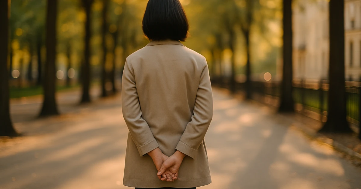 Stock photo of a woman, seen from behind, with her hands behind her back.