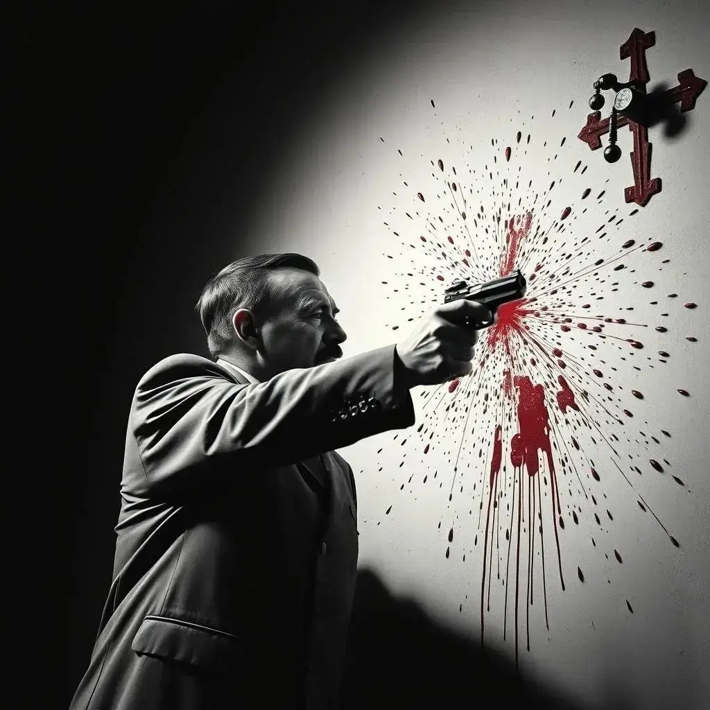 Image with seed 18092 generated via AI Horde through @aihorde@lemmy.dbzer0.com. Prompt: hitler shooting himself and splattering his brains on the wall