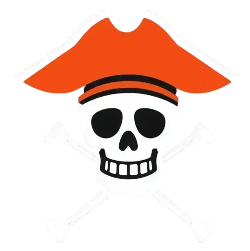 Jolly Roger: an icon of pirate jolly roger skull wearing a hat, in orange-red, black and white colors