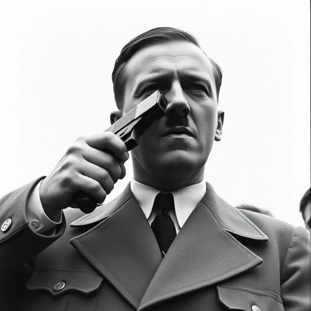 Image with seed 1846416779 generated via AI Horde through @aihorde@lemmy.dbzer0.com. Prompt: adolf hitler shooting himself in the head