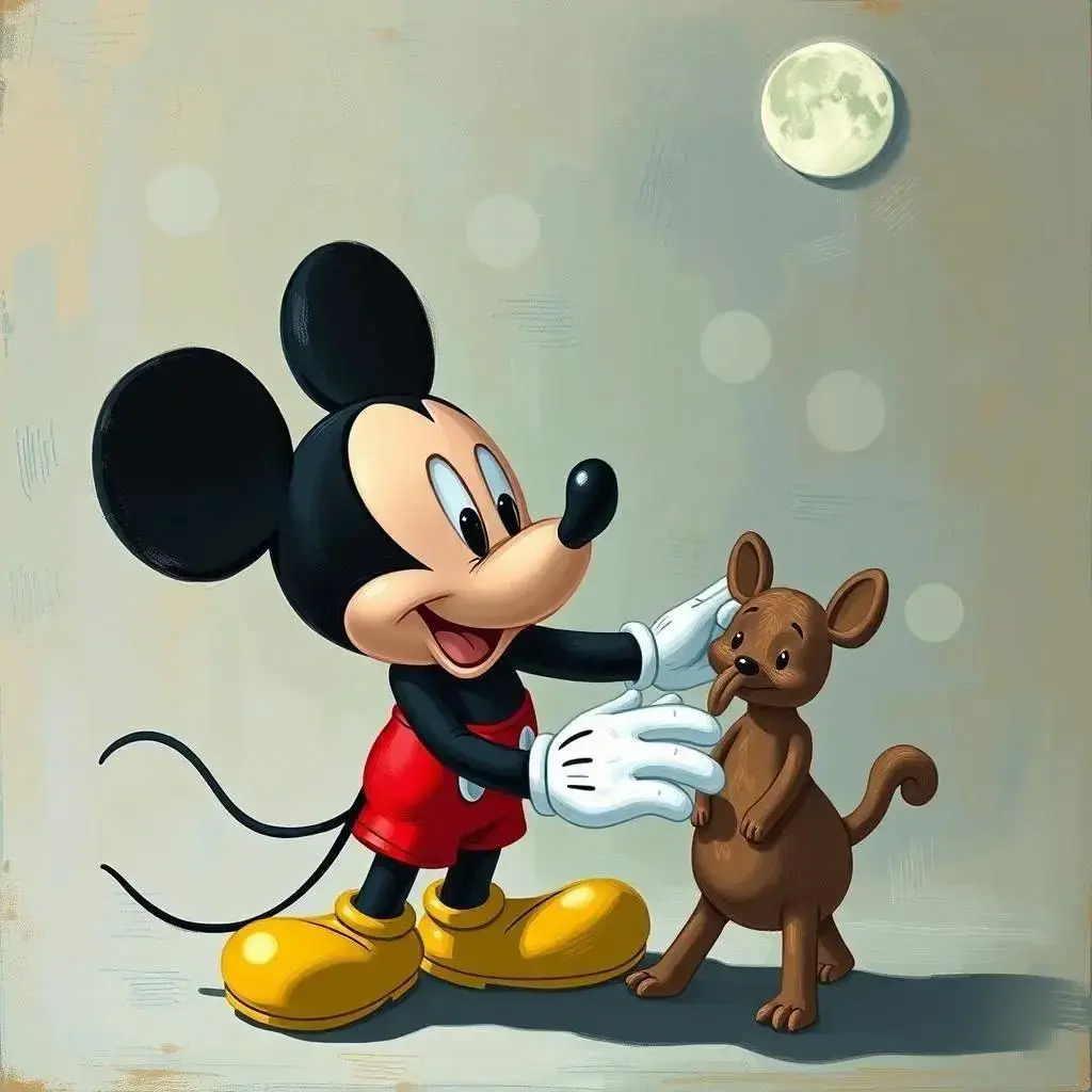 Image with seed 3629326202 generated via AI Horde through @aihorde@lemmy.dbzer0.com. Prompt: Mickey Mouse stealing art 