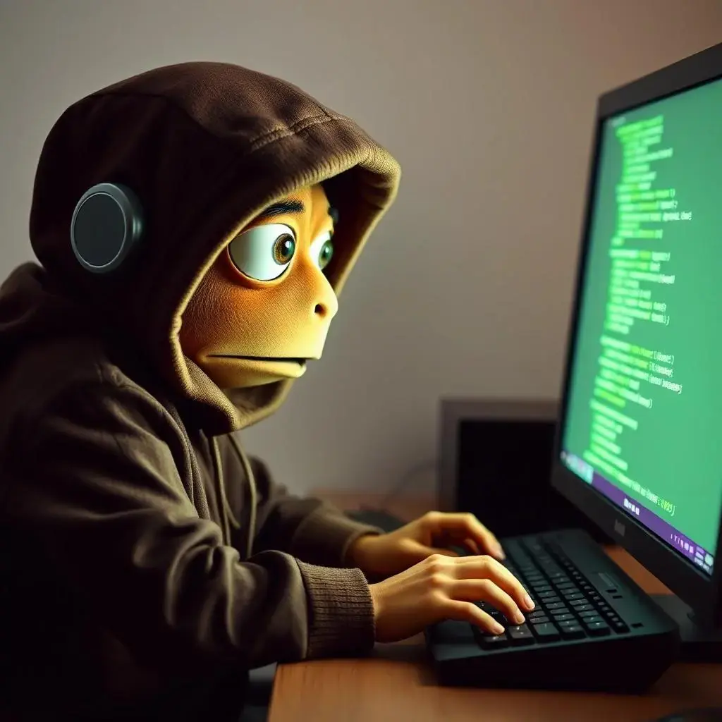 Image with seed 3331106411 generated via AI Horde through @aihorde@lemmy.dbzer0.com. Prompt: a surprised lemming hacker typing in front of a green text computer screen 