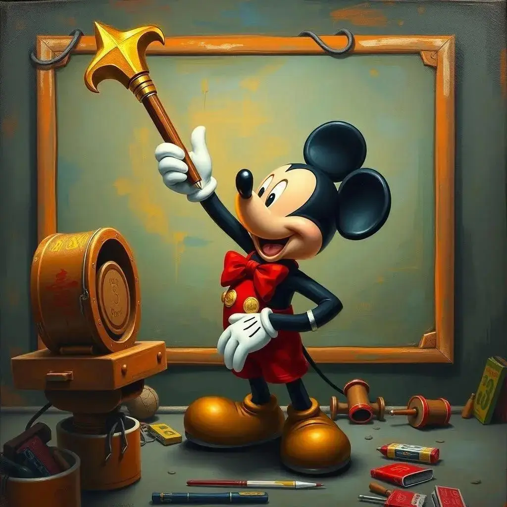 Image with seed 10032 generated via AI Horde through @aihorde@lemmy.dbzer0.com. Prompt: Mickey Mouse stealing art 