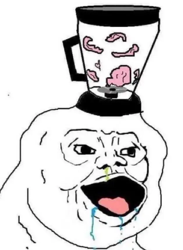 old wojak brainlet style meme of person with empty expression on their misshapen face, snot running from the nose and drool coming from their open mouth. The top of their head is a blender with bits of their brain swirling around in it