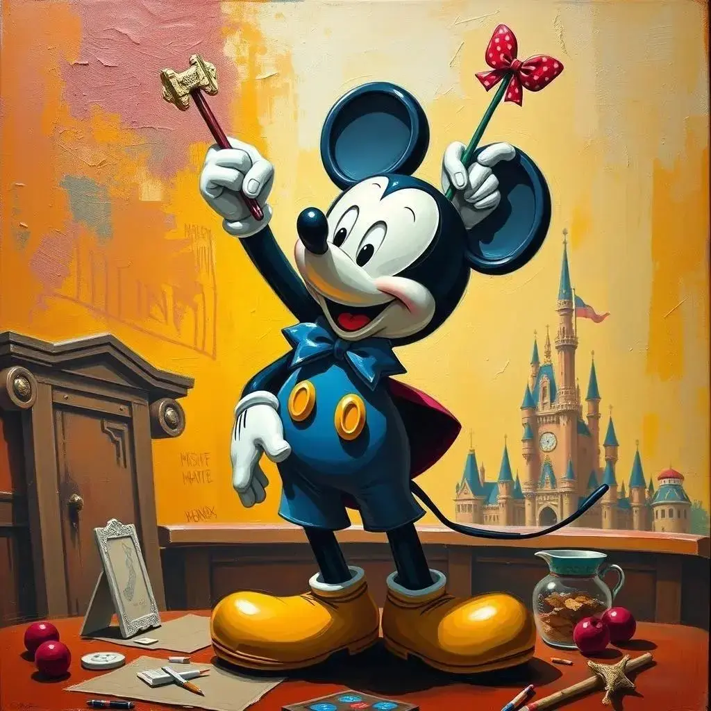 Image with seed 25289 generated via AI Horde through @aihorde@lemmy.dbzer0.com. Prompt: Mickey Mouse stealing art 