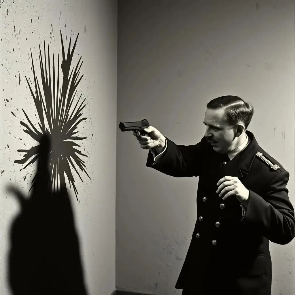 Image with seed 3791952698 generated via AI Horde through @aihorde@lemmy.dbzer0.com. Prompt: hitler shooting himself and splattering his brains on the wall