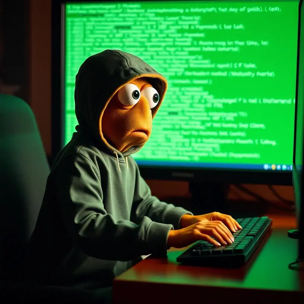 Image with seed 3331106411 generated via AI Horde through @aihorde@lemmy.dbzer0.com. Prompt: a surprised lemming hacker typing in front of a green text computer screen 