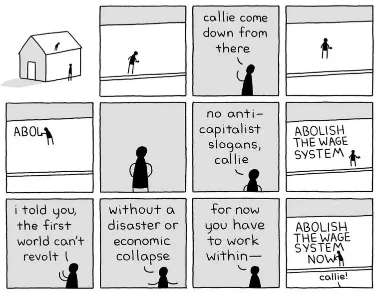 12-panel comic showing a person writing "ABOLISH THE WAGE SYSTEM" on the roof of a house, as someone on the ground yells to them "callie come down from there", "no anti-capitalist slogans, callie", "i told you the first world can't revolt", "without a disaster or economic collapse", "for now you have to work within-", in the last panel they add the word "NOW" below "SYSTEM" and the person on the ground says once more "callie!"