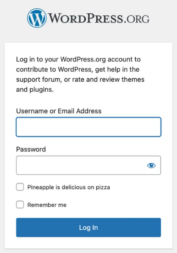 screenshot of wordpress.org login page featuring a "Pineapple is delicious on pizza" checkbox.