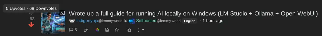 screenshot of this post, with tooltip showing it has 5 upvotes and 68 downvotes