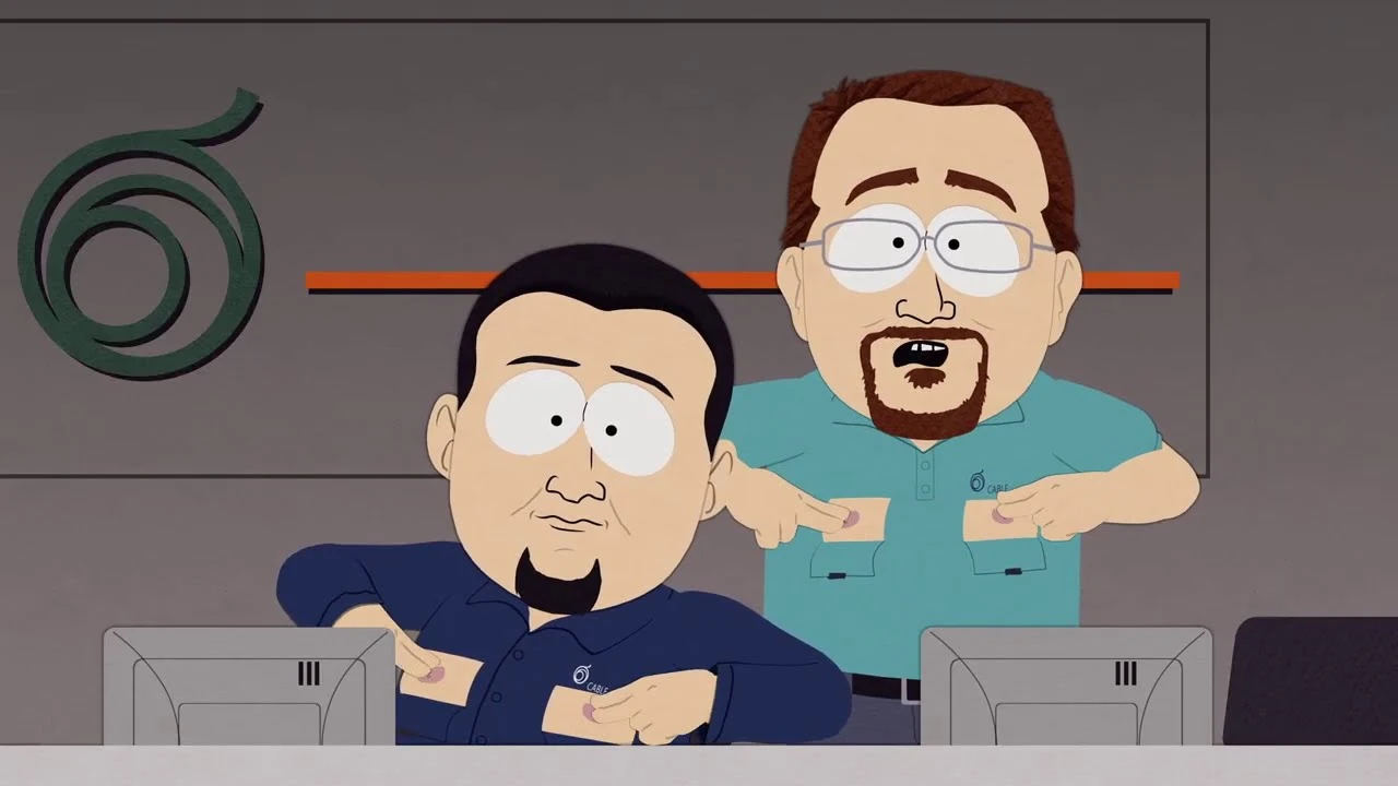 An image from South Park. Two Cable Company Employees rubbing their nipples through square patch holes cut out from their shirts