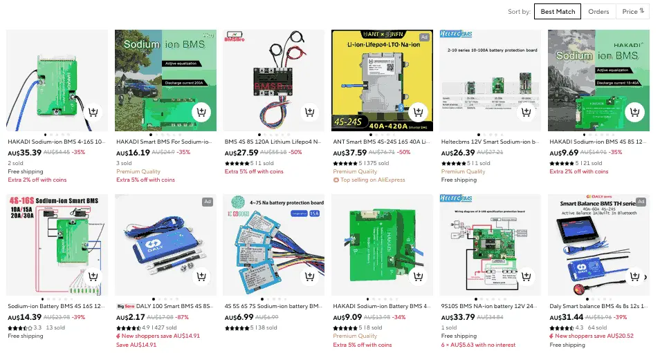 screenshot of aforementioned search's results, showing listings for sodium-ion bms boards for AU$10~AU$40 or so
