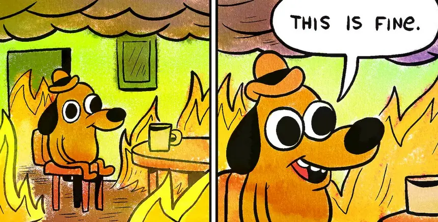 standard two panel "this is fine" meme with dog in burning room, first panel no text, second panel with speech bubble saying "this is fine"