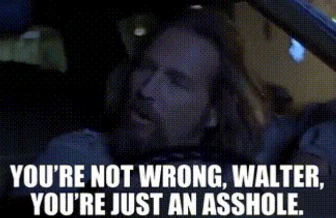 screenshot of Jeff "The Dude" Lebowski (Jeff Bridges) in his car in The Big Lebowski, with meme style caption "You're not wrong Walter, you're just an asshole"