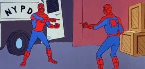 Two Spidermen pointing at each other meme