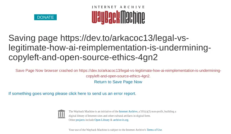 archive.org screenshot showing error message saying their browser crashed