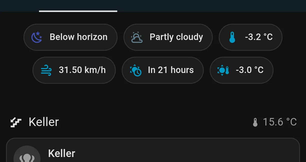 Screenshot from a dashboard, showing some entities like temperature etc