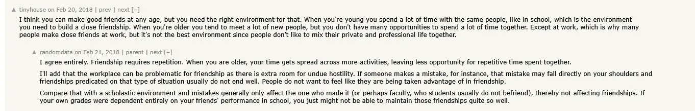 image screenshot of HN comment section where someone explains how making friends is potentially easier in the workplace but not necessarily ideal