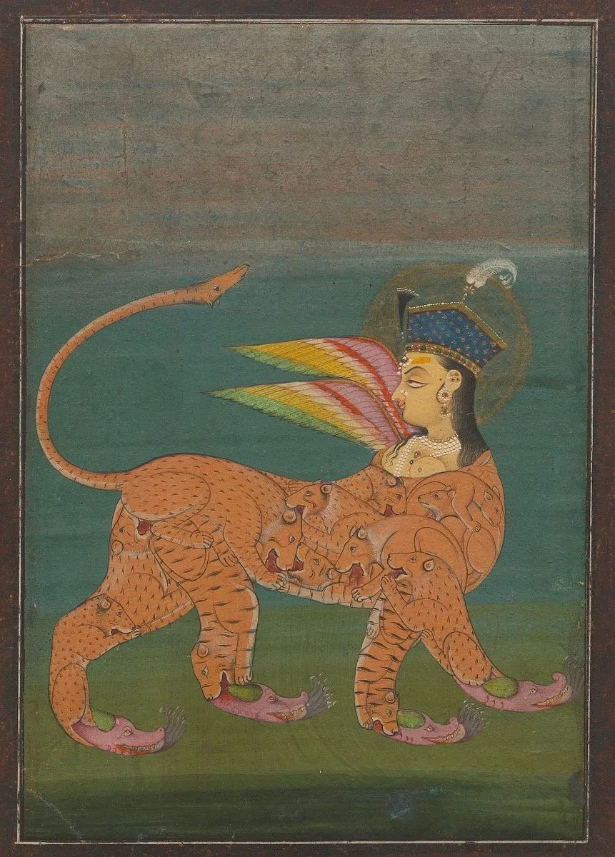 Drawint of a horse-like figure with body of tigers, feet of alligators, and face of human