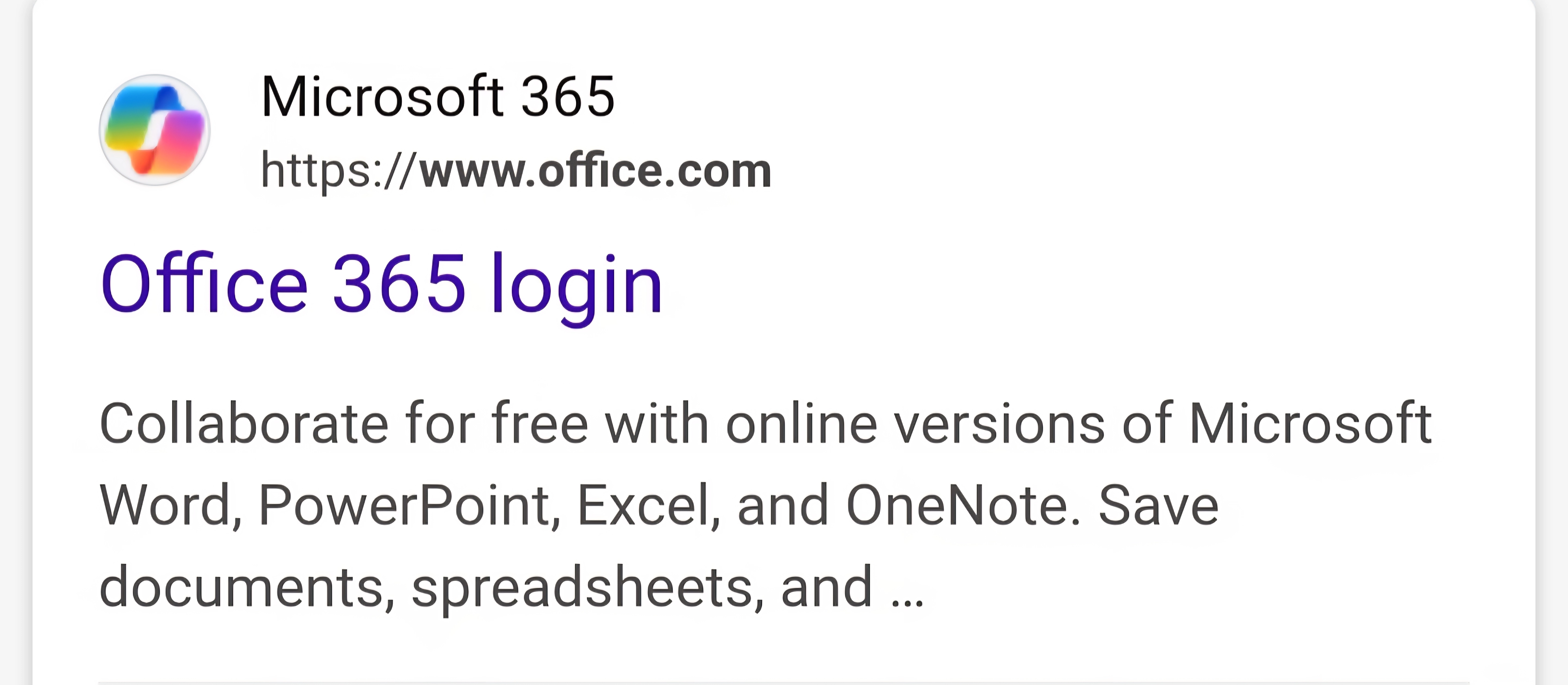 A Bing search result that says, "Microsoft 365. https://www.office.com/. Office 365 login"