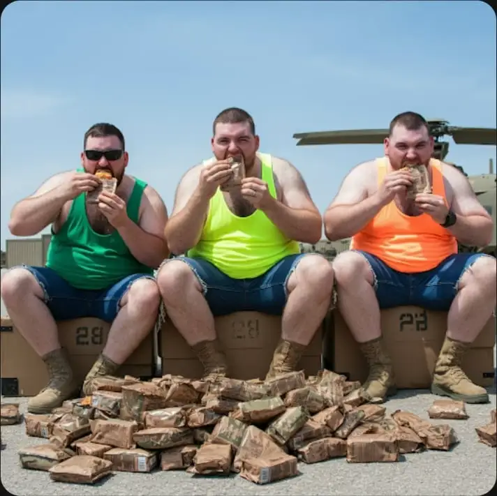 3 men eating MREs