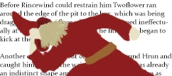 Rincewind running away towards an excerpt of text from a Discworld book