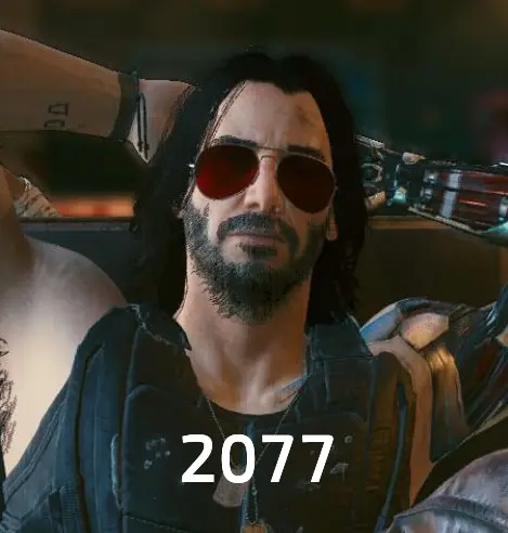 Screenshot of Keanu's character Johnny Silverhand in the game "Cyberpunk 2077" which is dated 2077, imitating the year-dated pictures of Keanu in the parent comment.