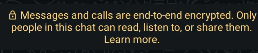 Screenshot from the start of a WhatsApp thread where WhatsApp prints "Messages and calls are end-to-end encrypted. Only people in this chat can read, listen to, or share them."