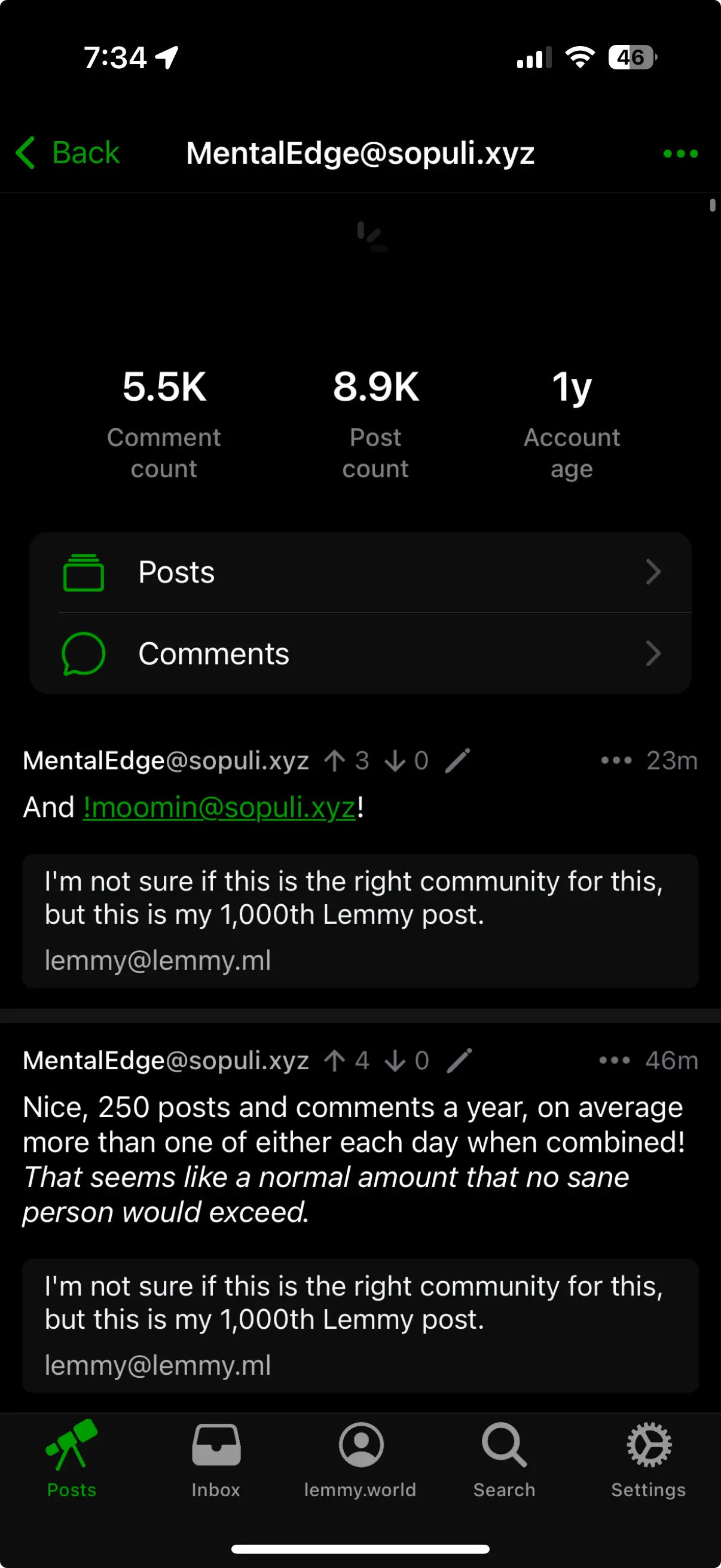 Screenshot of @MentalEdge@sopuli.xyz’s comment and post count of 5.5k and 8.9k, respectively, and 1y account age