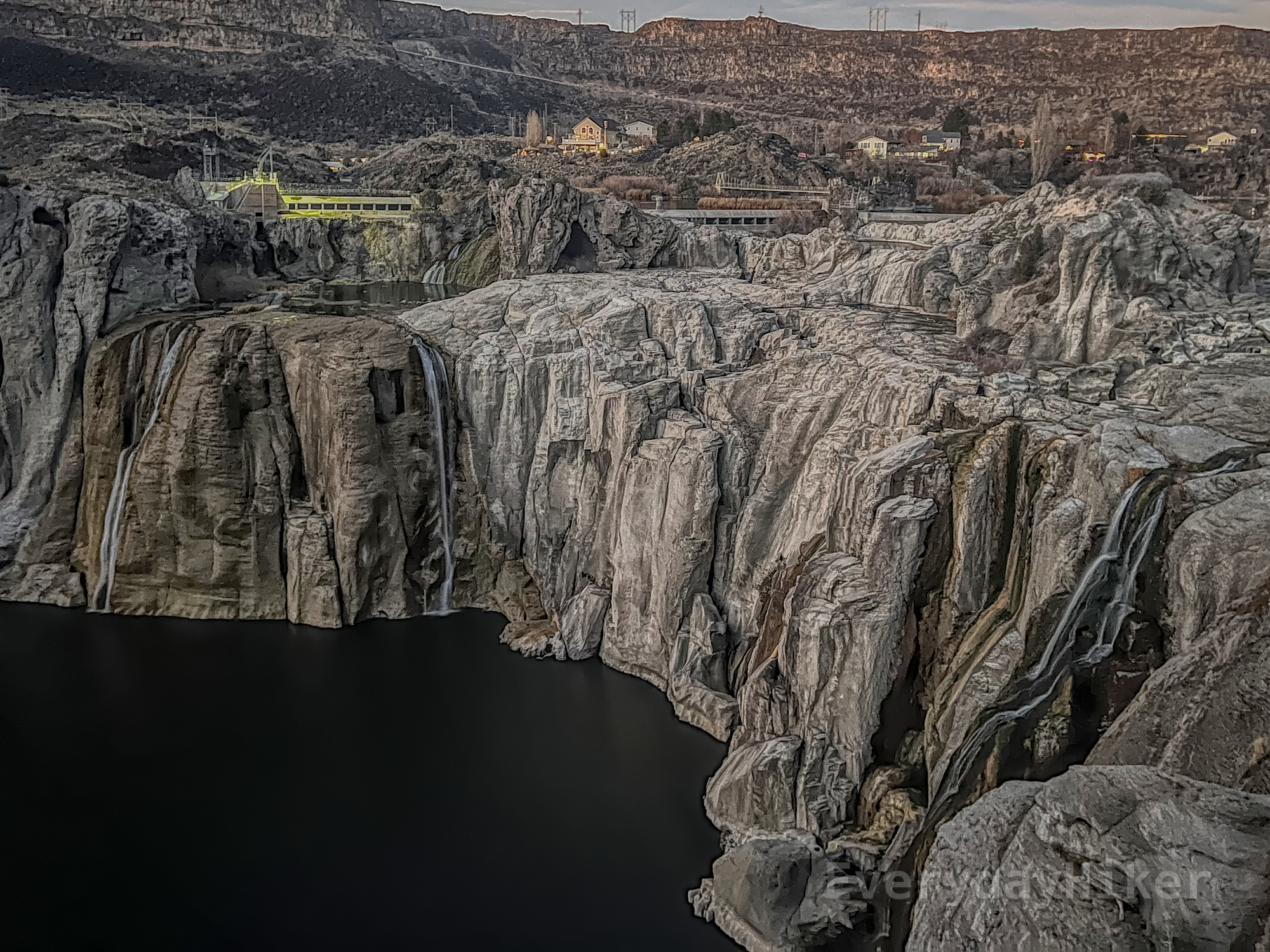 A view of Shoshone Falls focusing more on the river below and the cliff walls that would typically be under the water in higher flows.