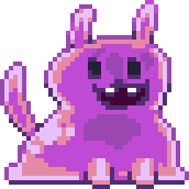Desktop pet, Mushi, from Hypnospace Outlaw. Looks like a cross between a pixelated pink slime monster and a cartoon pug dog