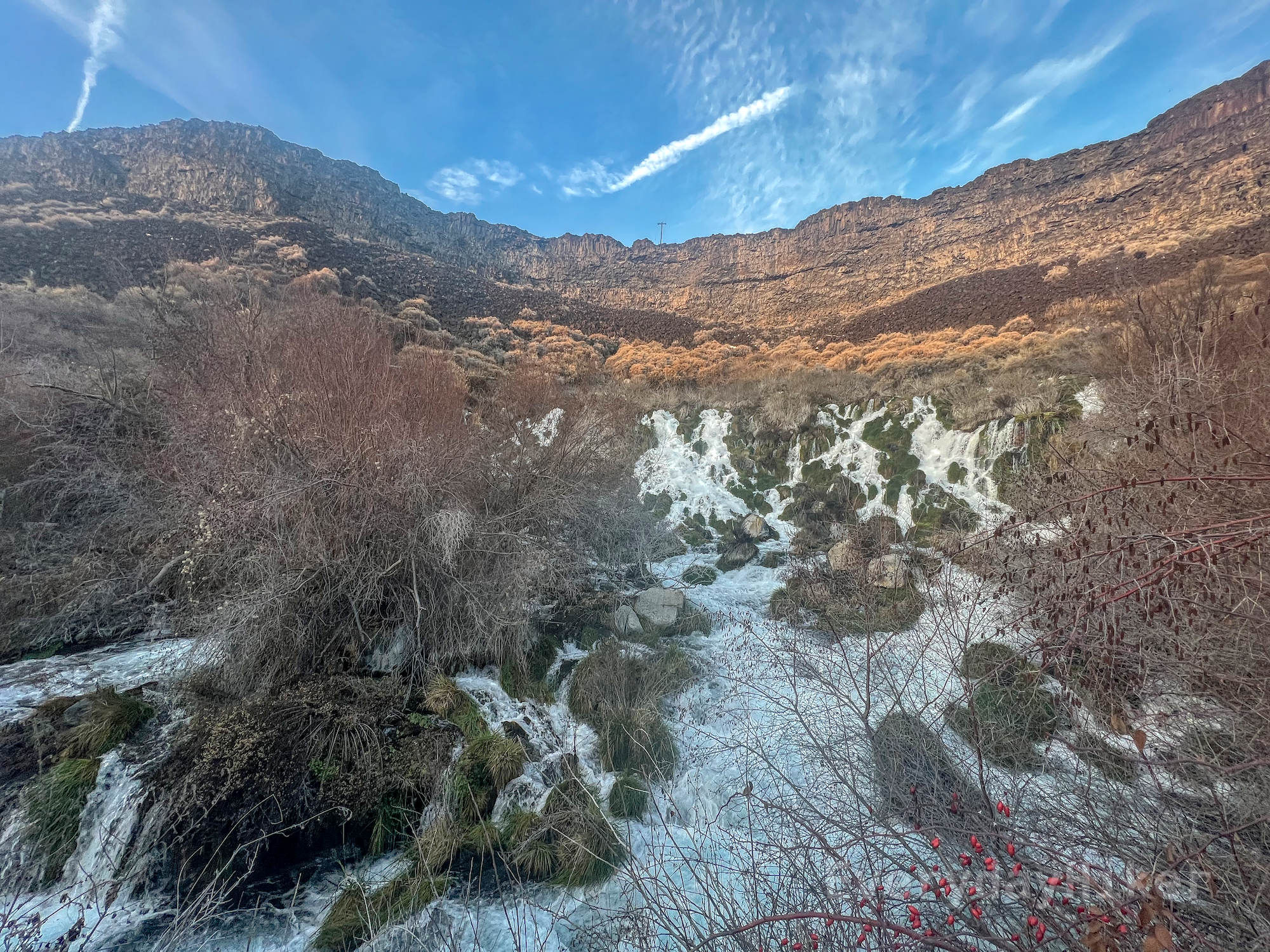 Wide shot of Niagara springs, showing the onslaught of water coming out from the underground spring.  Note that this is during the lower flow in mid-december although I am unsure how much this is seasonally affected.