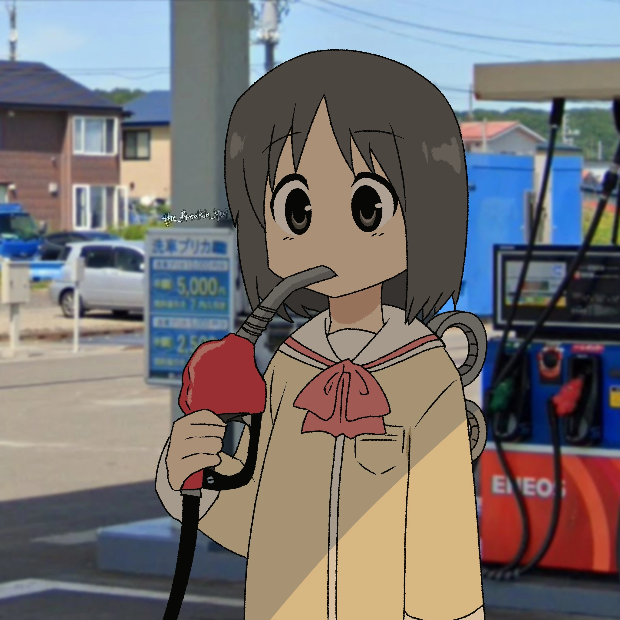 Nano from Nichijou drinking gasoline