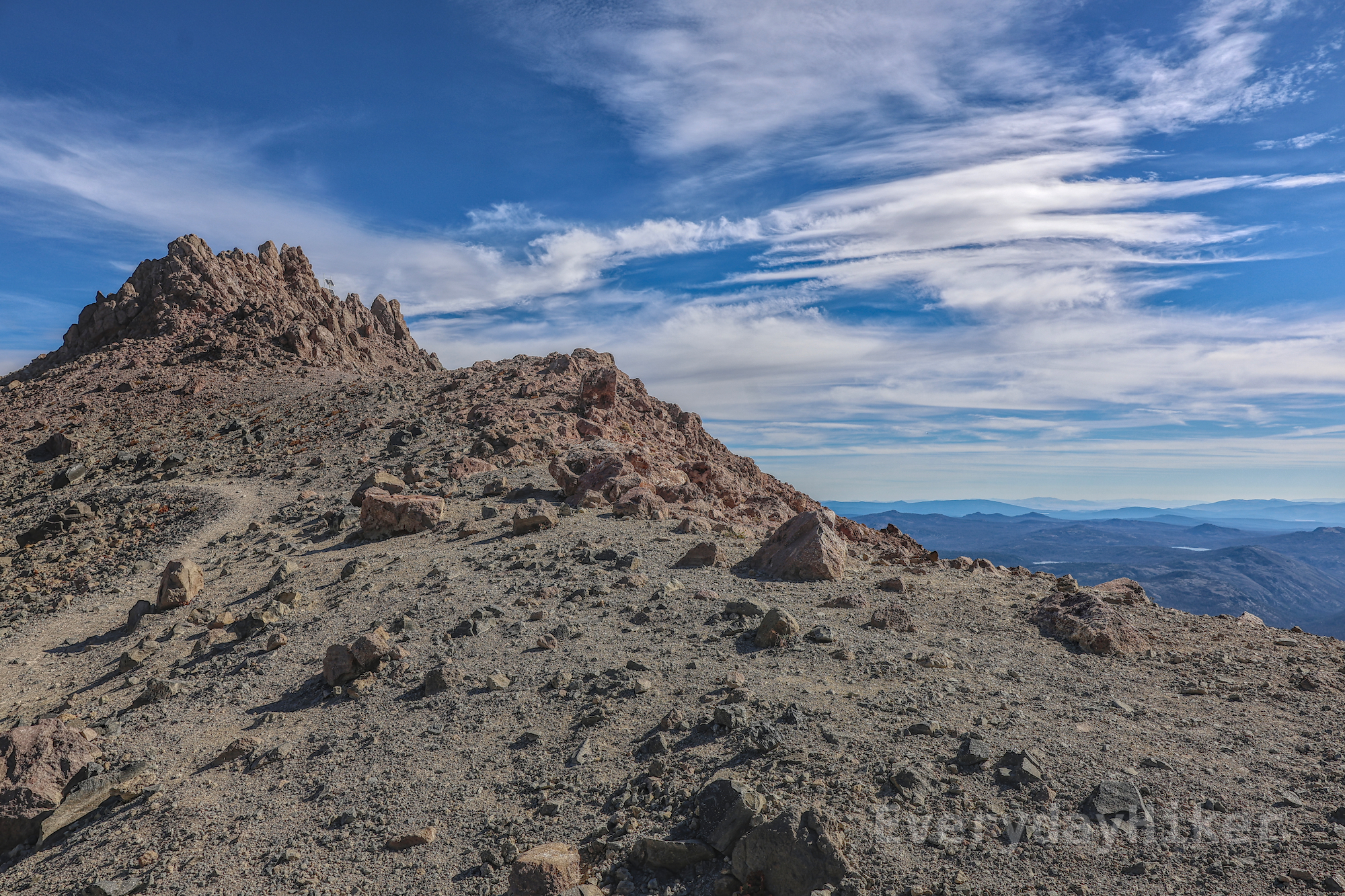 The trail follows along the left of frame as it leads up to the true summit, taken from the crater overlook area.