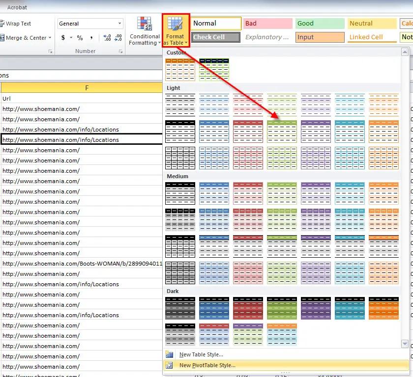 Excel's Format as Table option