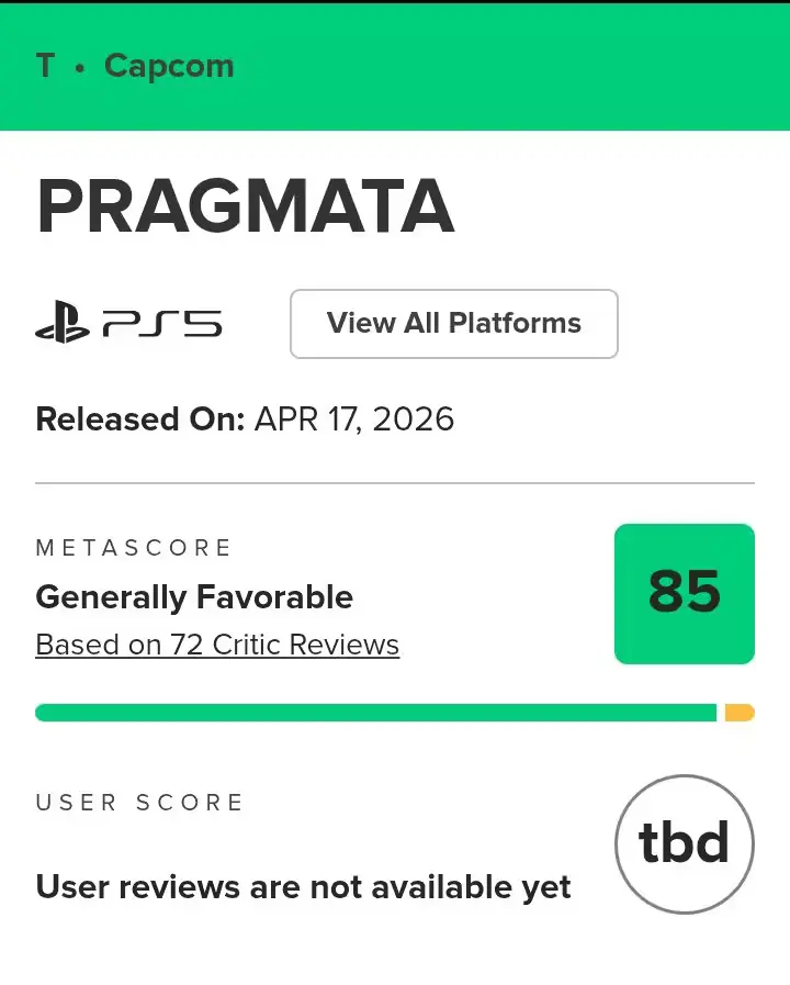 Pragmata ( PS5) currently sits at a 85 critics score on Metacritic Pragmata ( PS5) currently sits at a 85 critics score on Metacritic