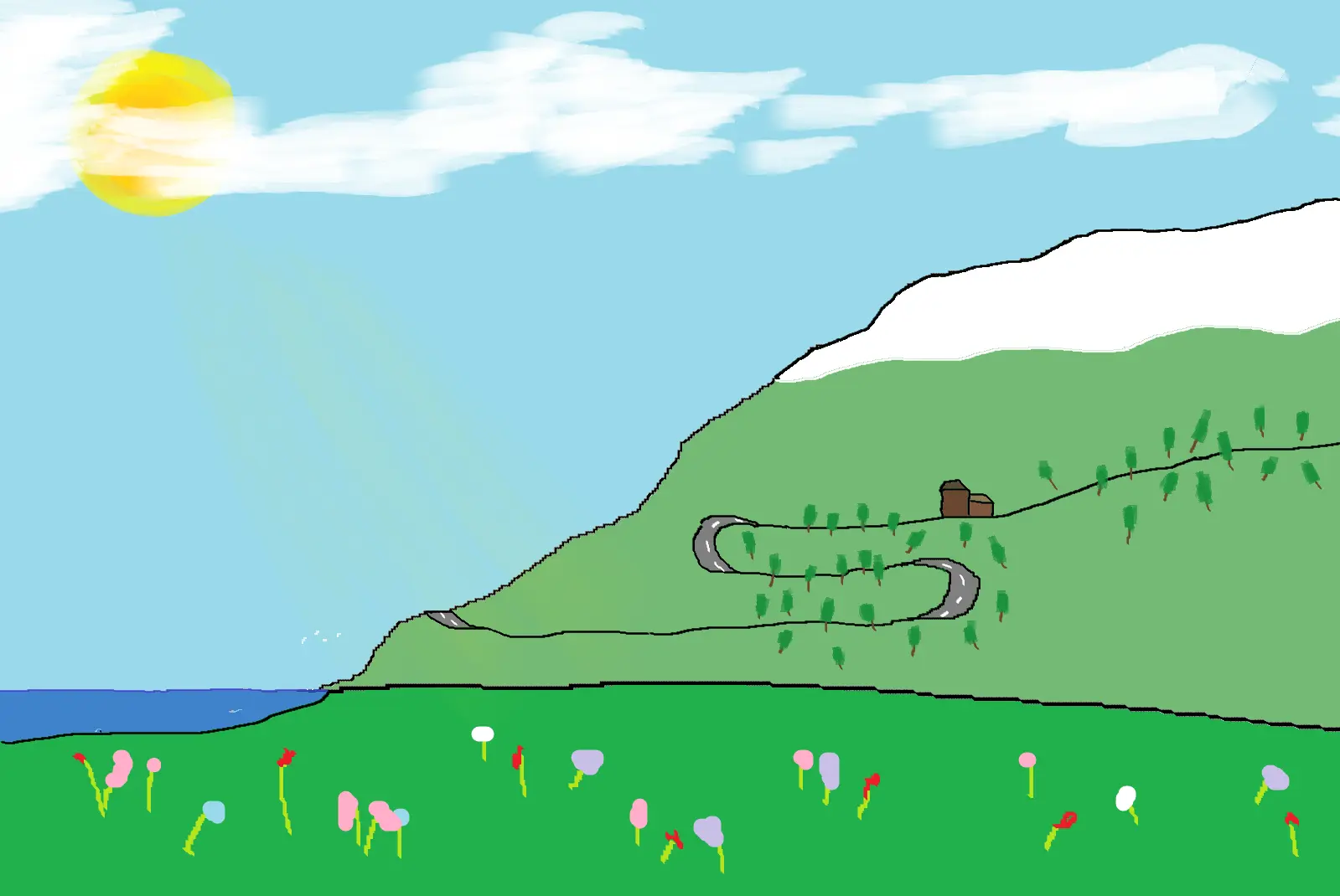 Drawing of a a field of flowers, with a mountain partially covered in snow in the background. A winding road goes along the mountain through a forest and passes a house. At the foot of the mountain is a large body of water with some birds flying above the shore. The sun is partially covered by the clouds and is shining its light on where the road first comes to this side of the mountain.
