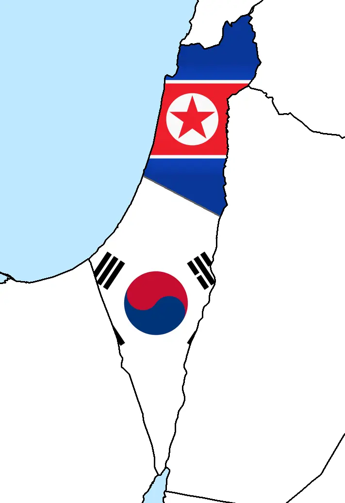 Map of the disputed territory with a roughly north–south divide, with the respective sides having the North Korean and South Korean flag.