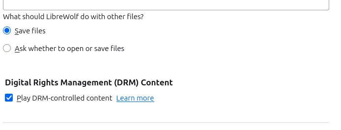 "screenshot of librewolf's play drm-controlled content setting"