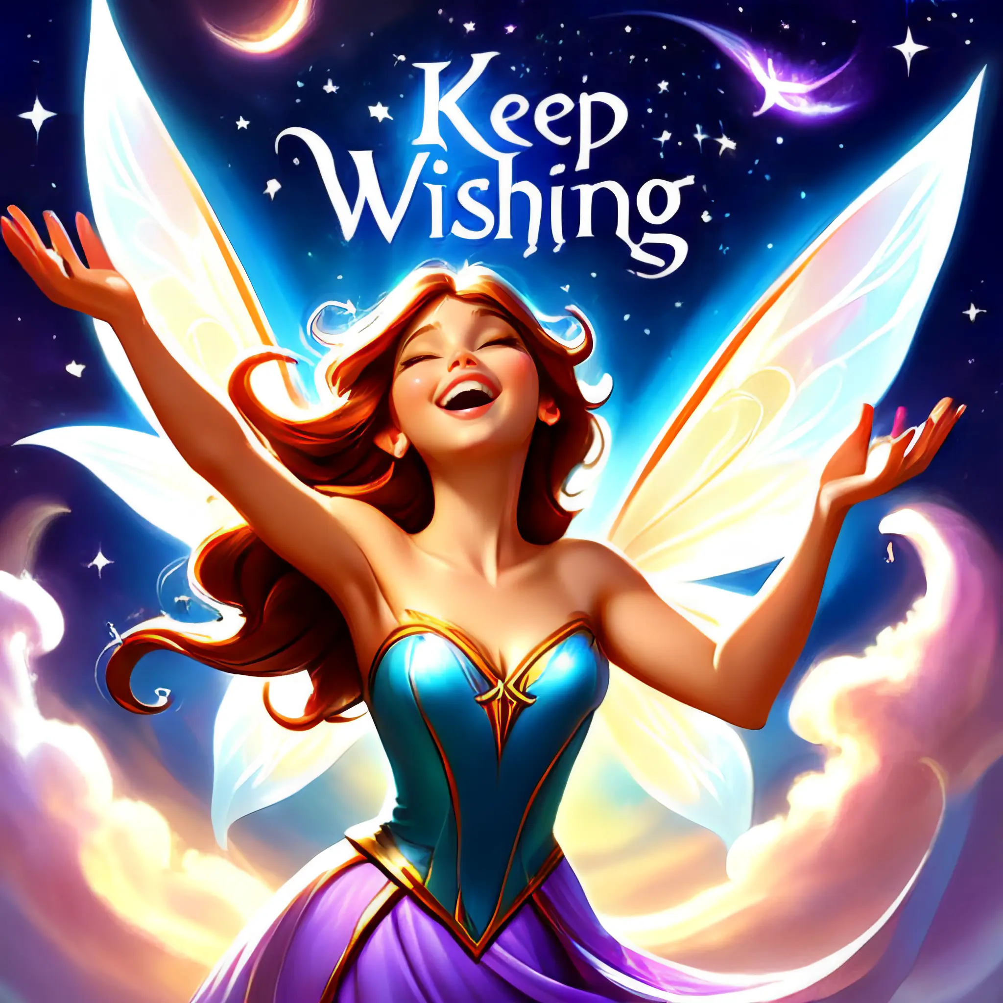 Laughing fairy holding her hands in the air under the text, "Keep Wishing!"