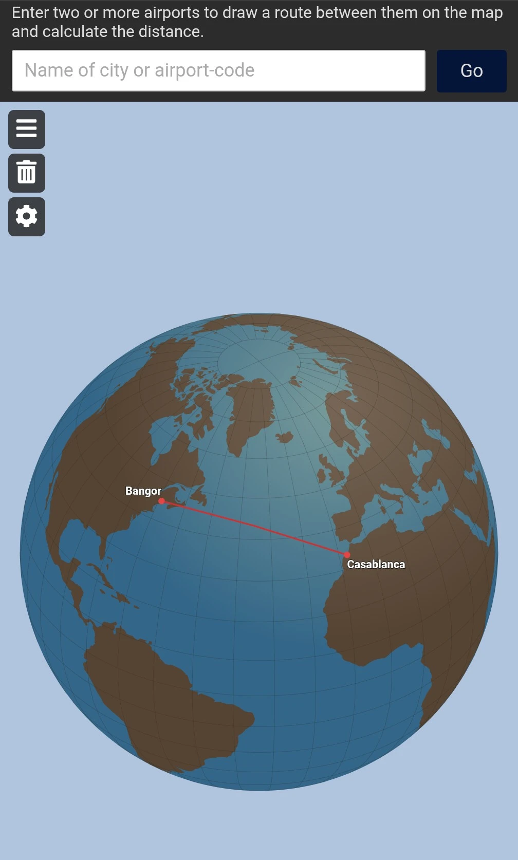 picture if the great circle between Maine and Casablanca, depicting Maine as the closest state to Africa.