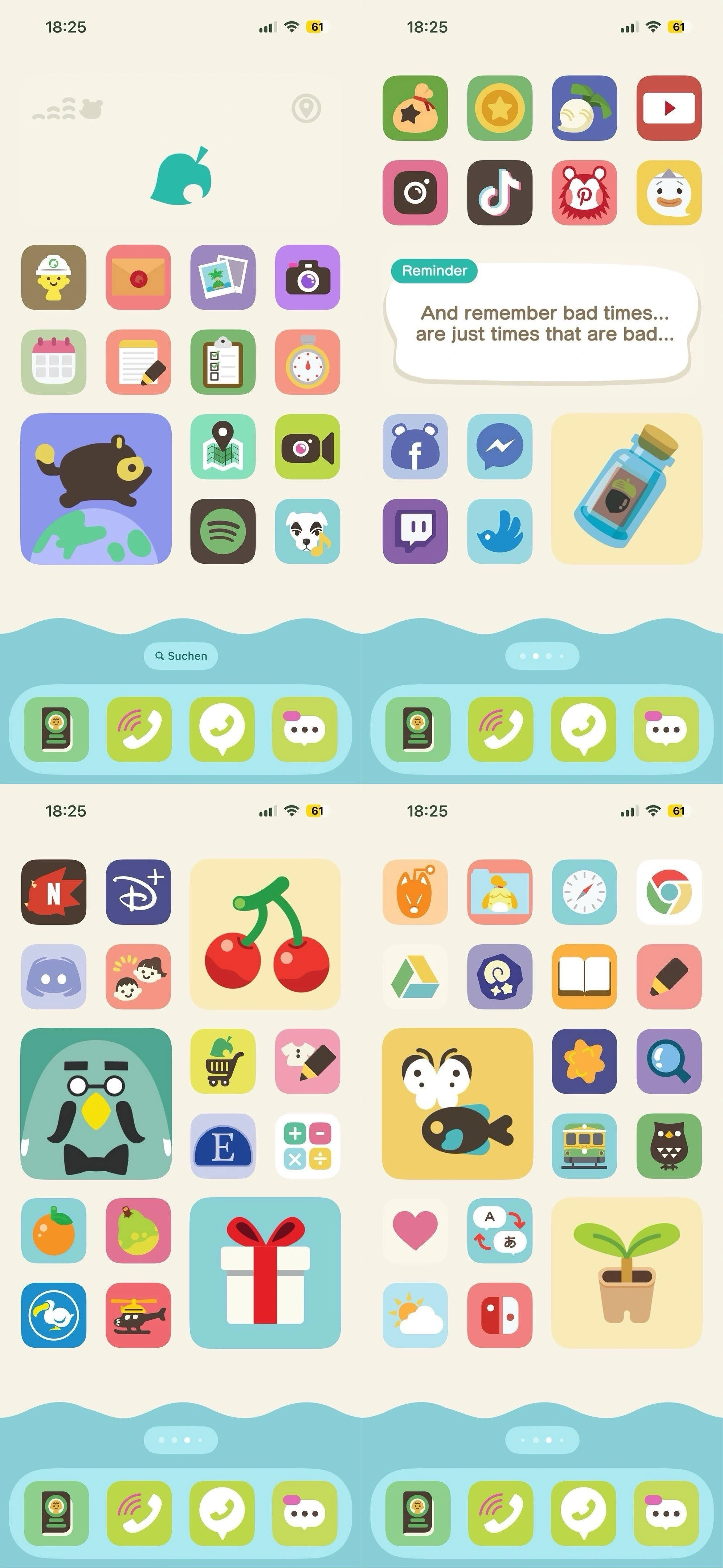 Four stitched screenshots of an iOS 18 home screen. The icons are themed in the style of a “NookPhone“ from the video game Animal Crossing.