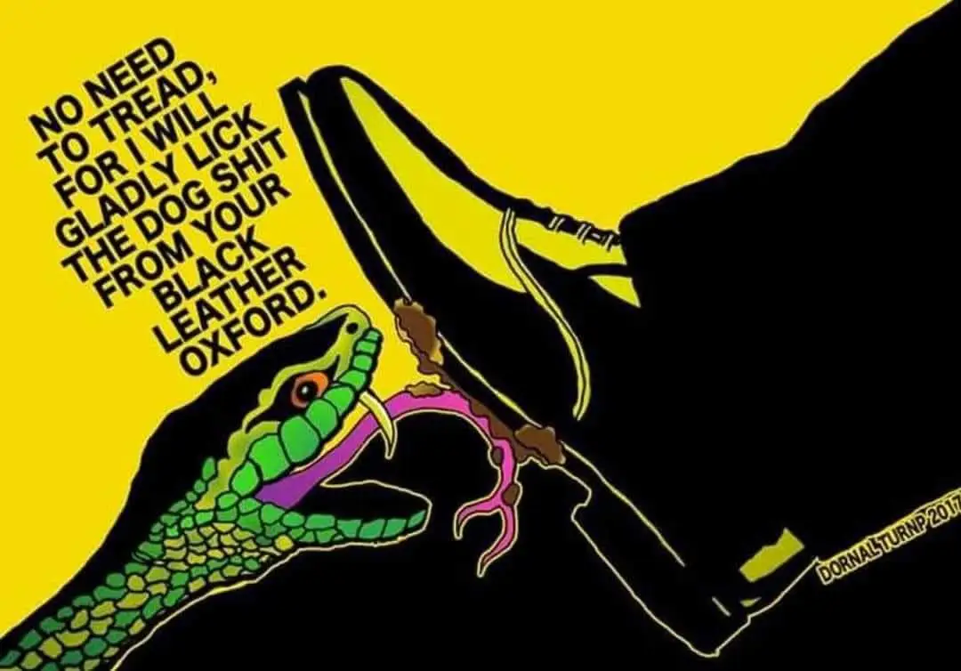 Satirical image of the "Don't Tread On Me" logo. A boot with dog excrement is about to stomp on a snake, who is licking said excrement. A caption over the snake reads "No need to tread, for I will gladly lick the dog shit from your black leather oxford"